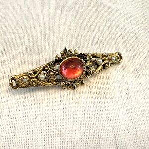 Antique Victorian Gold Bar Brooch with Pink Glass Cabochon and Pearls
